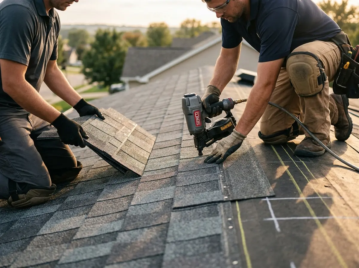 Professional roofer working on a residential roof in Crystal Lake